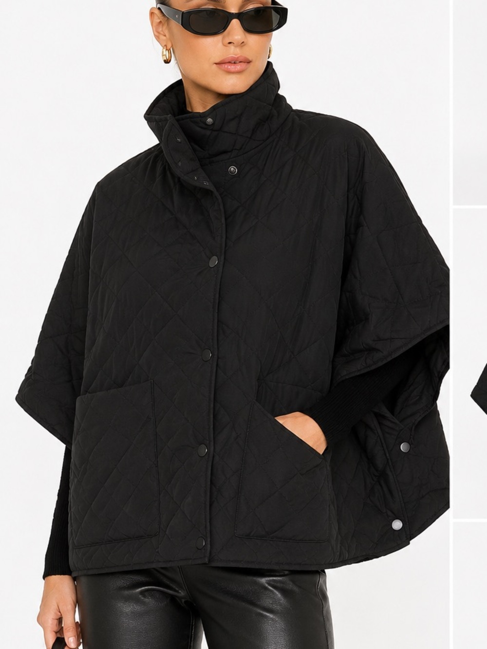 Modena  Black Quilted Oversized Cape Jacket Poncho One Size